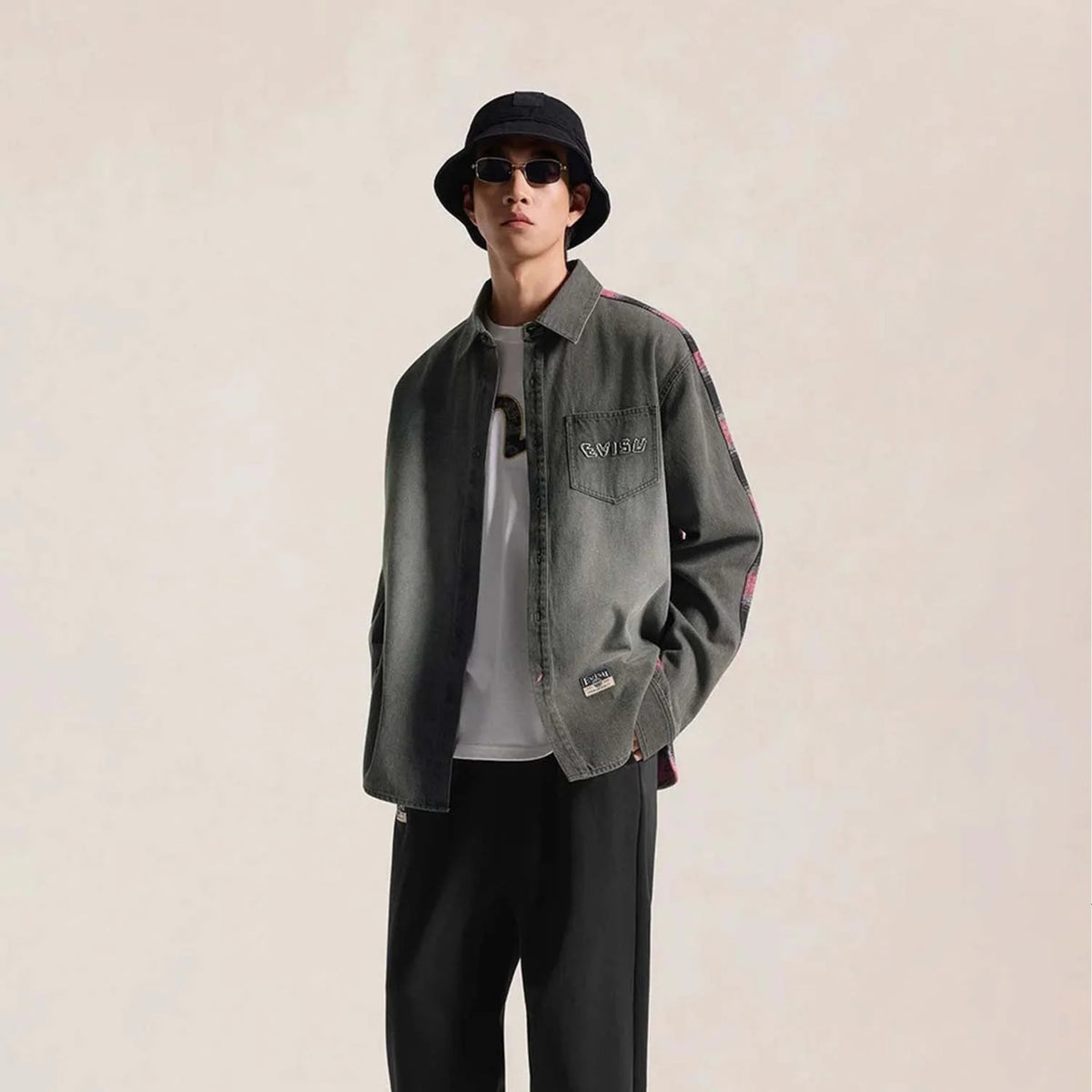 Evisu Fabric Blocking Longsleeve Denim Shirt Black