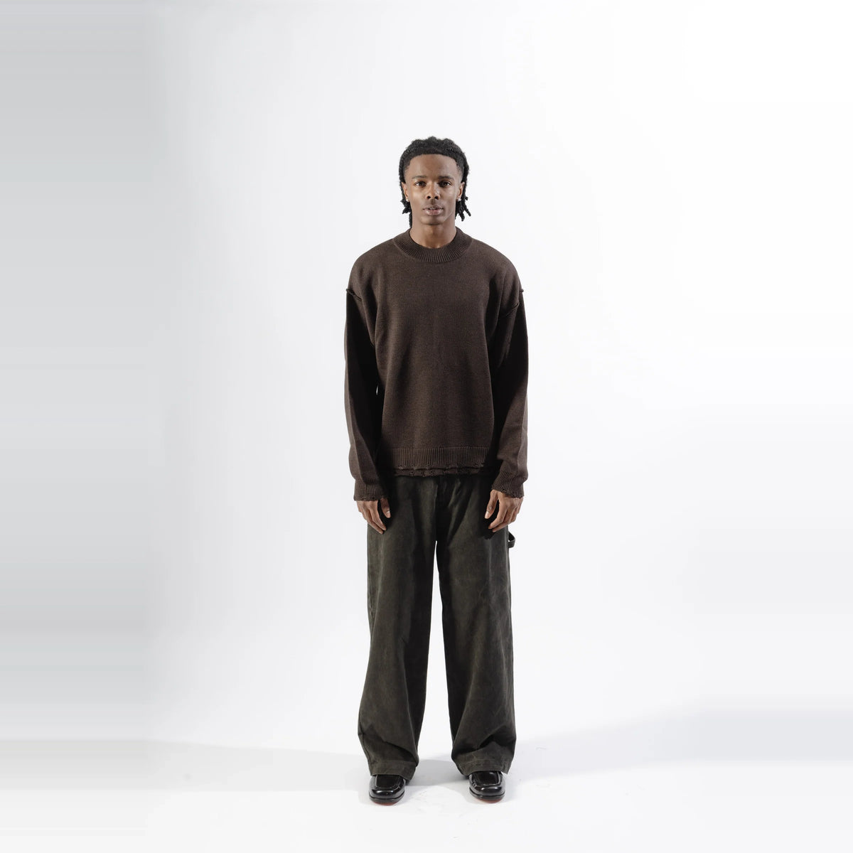 Mood-One Distressed Knit Sweater Brown