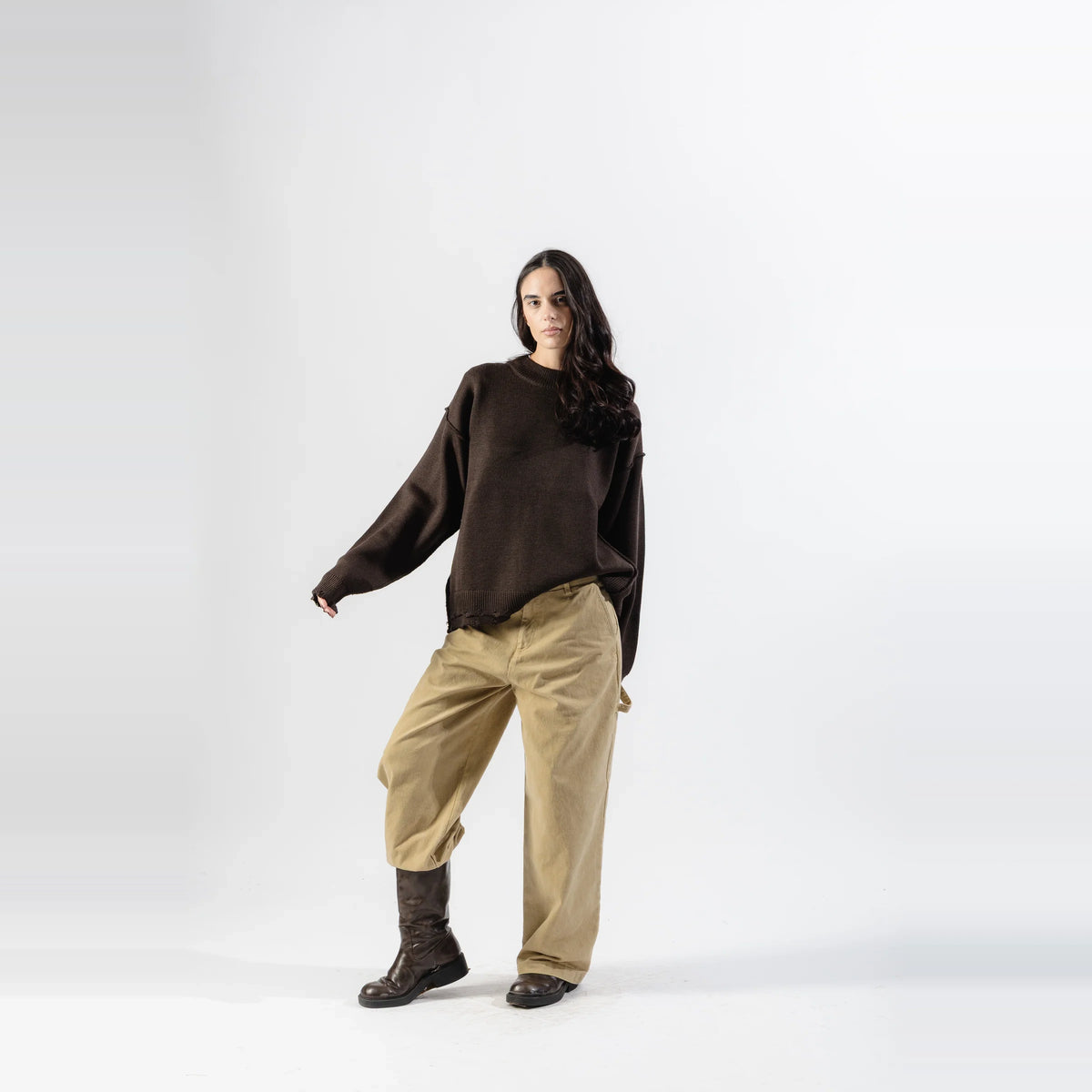 Mood-One Distressed Knit Sweater Brown