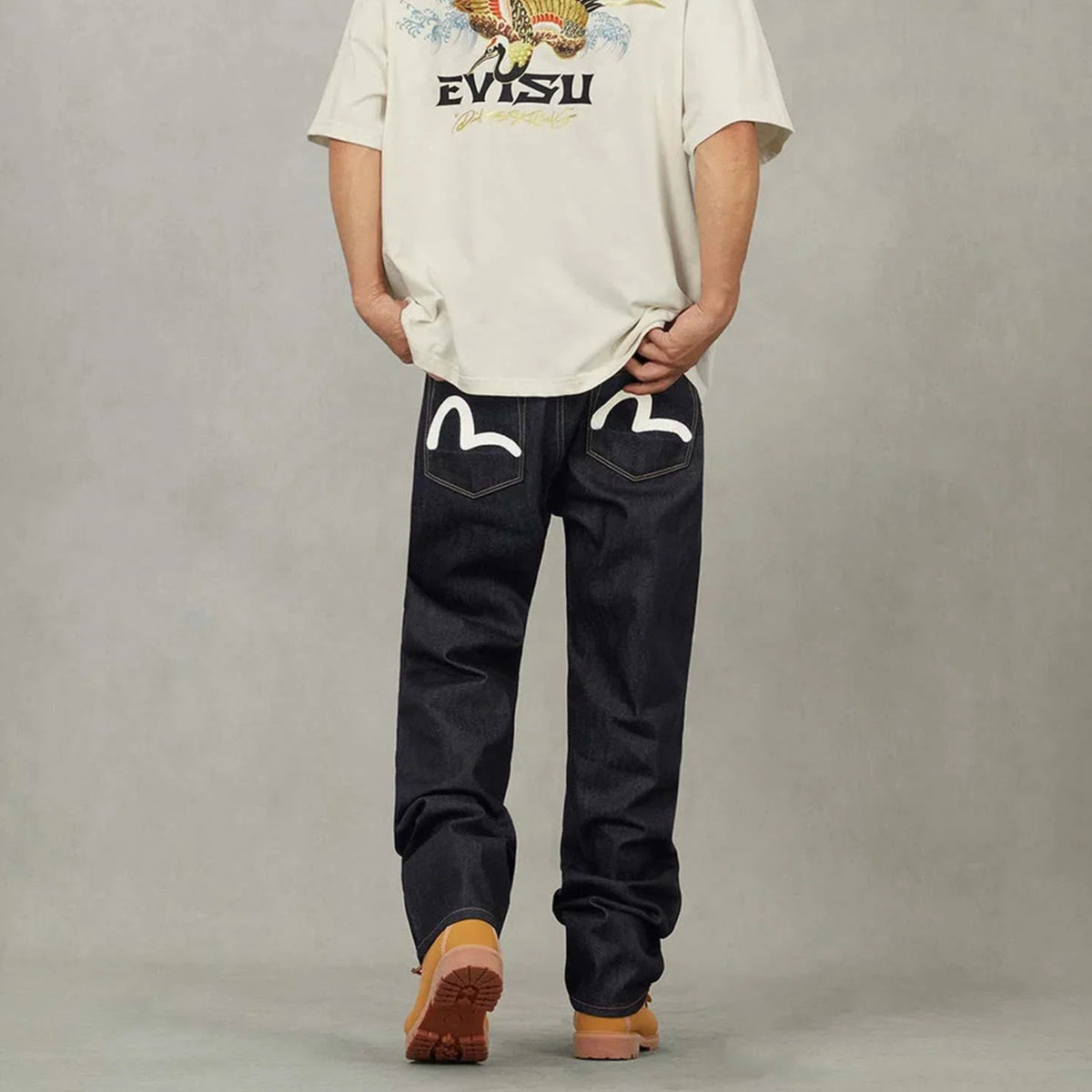 Evisu White Seagull Printed Pocket Raw Denim Navy