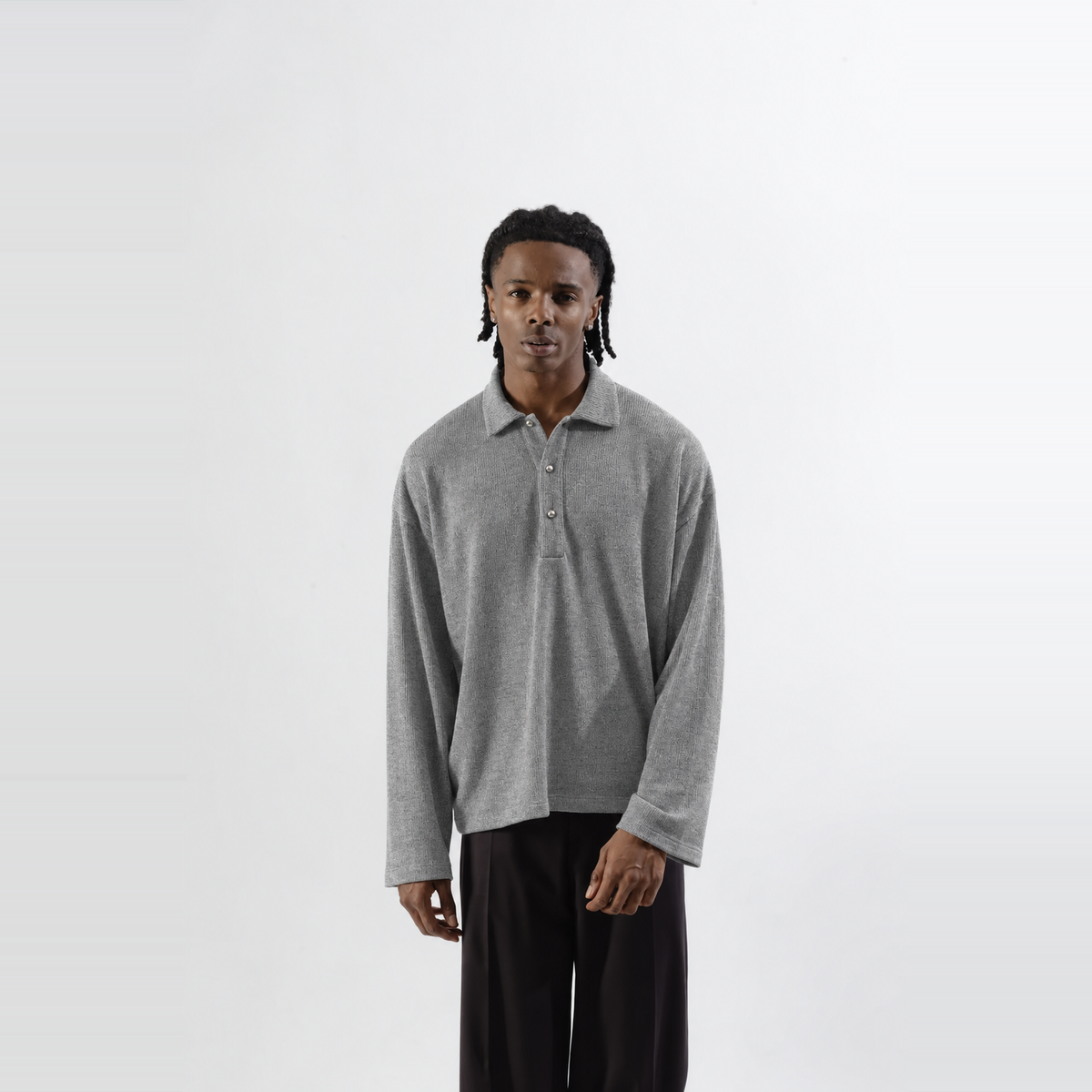 Mood-One Soft Ribbed Polo Longsleeve Grey